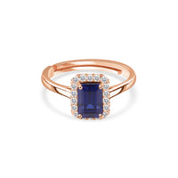 Elegant Blue Sapphire CZ Halo Rose Gold Plated Ring