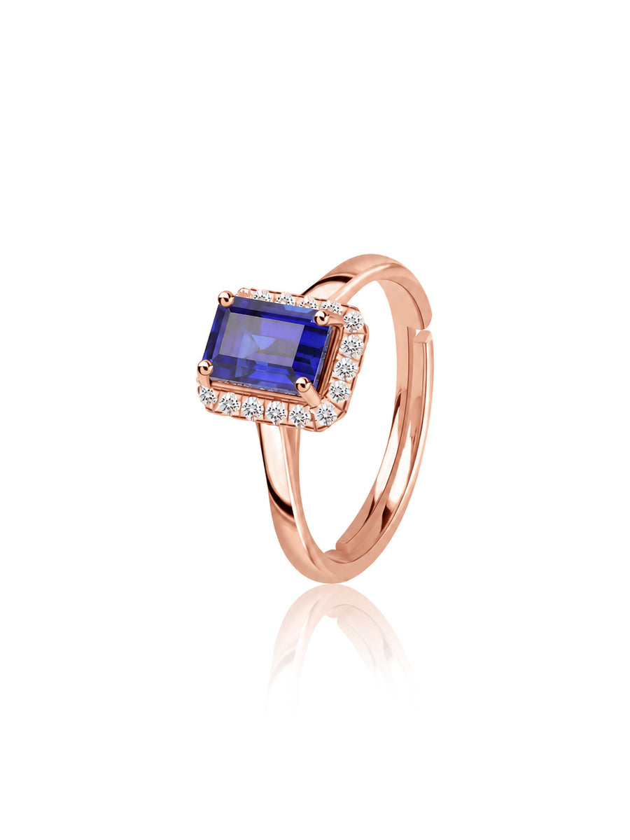 Elegant Blue Sapphire CZ Halo Rose Gold Plated Ring