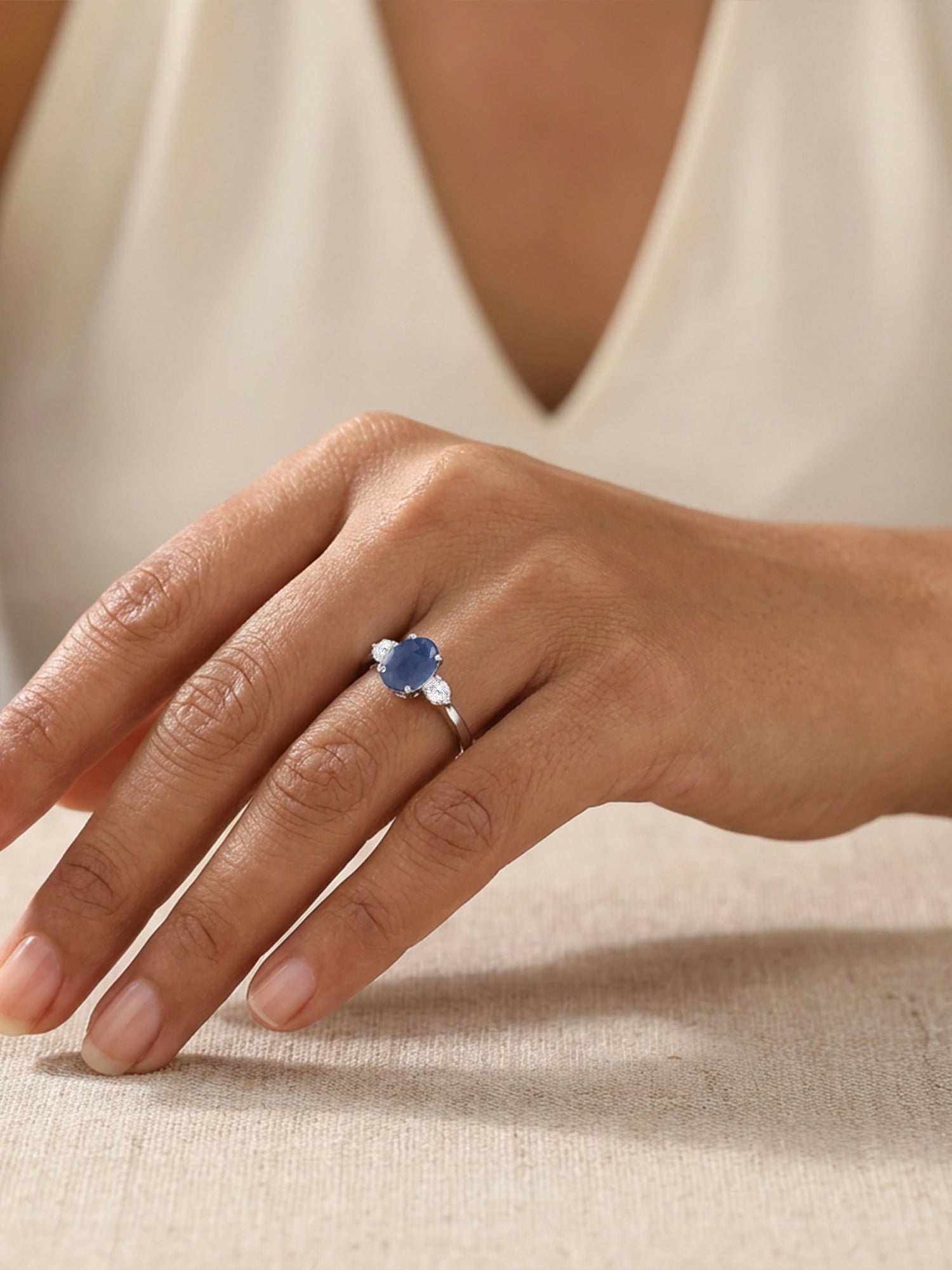 Royal Sapphire Silver Zircon Accent Ring