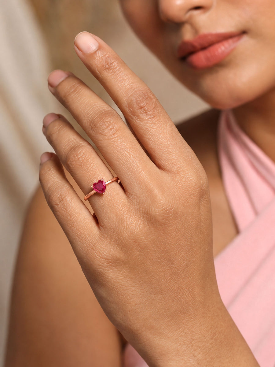 Heart Ruby CZ Rose Gold Plated Silver Ring
