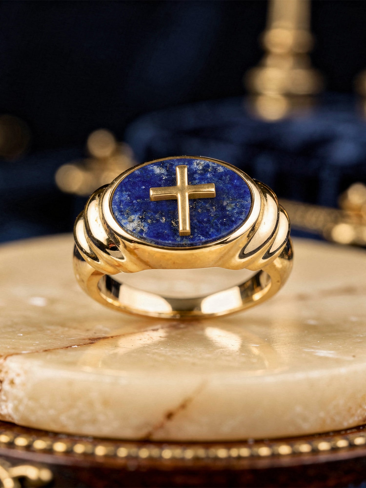 Natural Lapis Cross Motif Oval Silver Statement Men's Ring