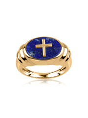 Natural Lapis Cross Motif Oval Silver Statement Ring