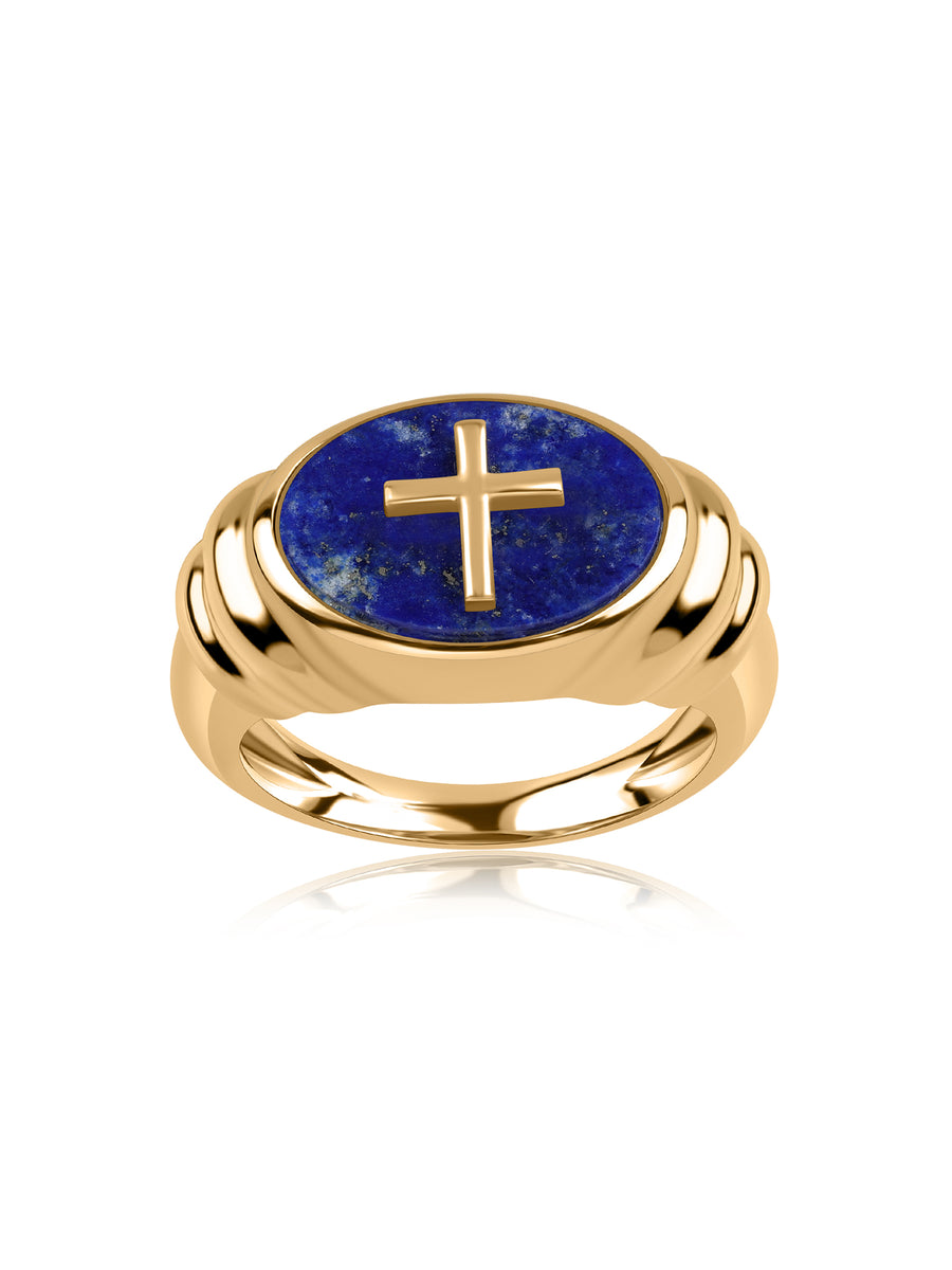 Natural Lapis Cross Motif Oval Silver Statement Ring
