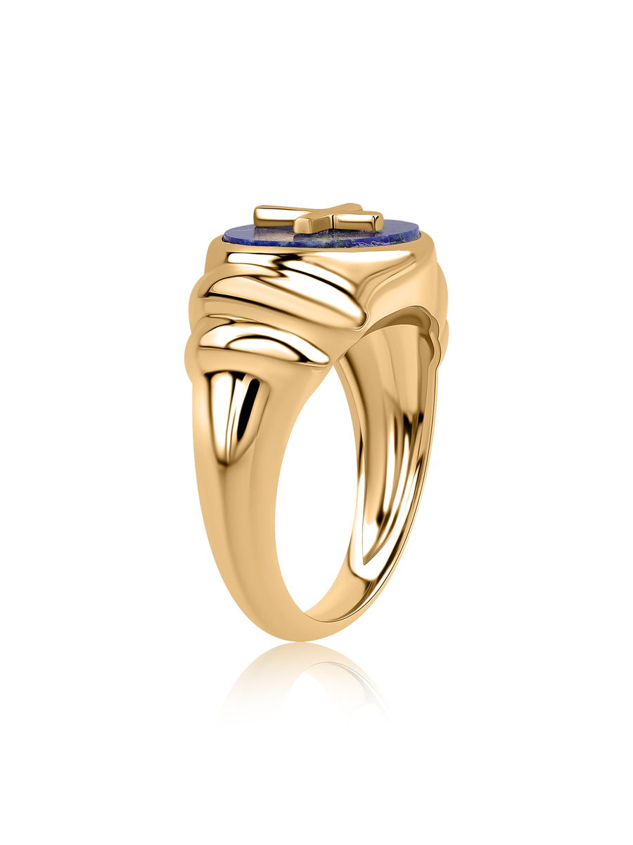 Natural Lapis Cross Motif Oval Silver Statement Ring