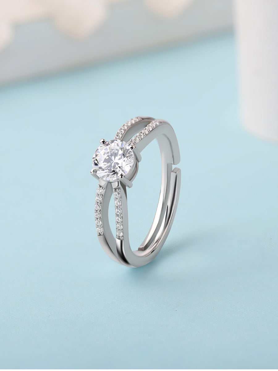 American Diamond Classic Solitaire Adjustable Silver Ring