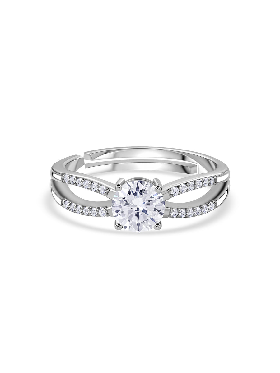 American Diamond Classic Solitaire Adjustable Silver Ring