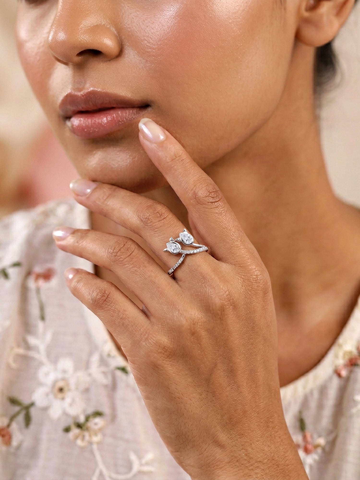 Twinkling Rose American Diamond Silver Adjustable Ring