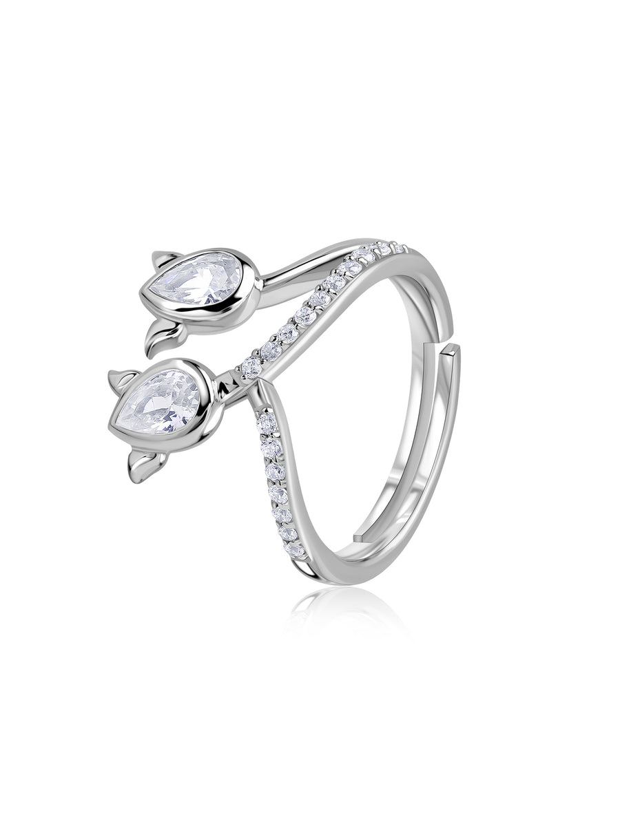Twinkling Rose American Diamond Silver Adjustable Ring