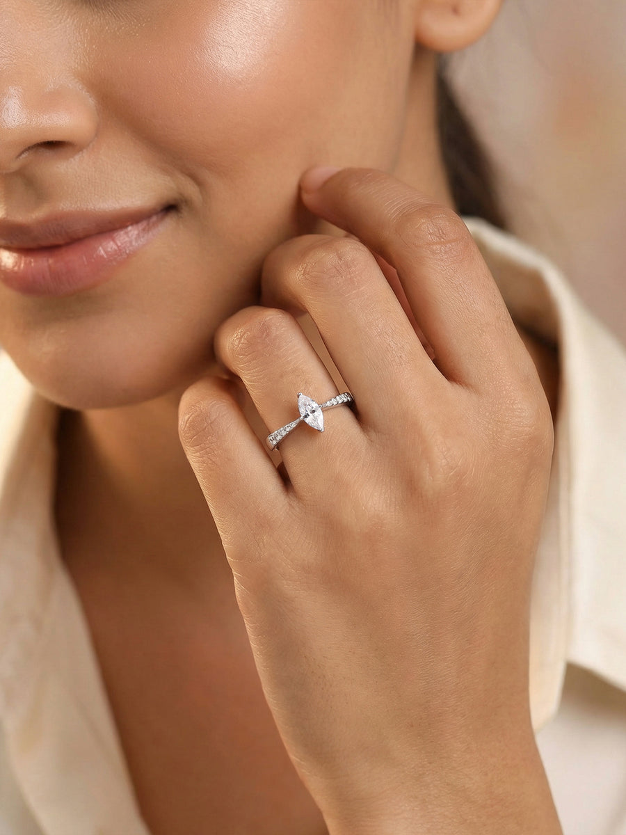 American Diamond Marquise Cut Adjustable Silver Ring