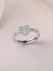 American Diamond Heart Cluster Adjustable Silver Ring