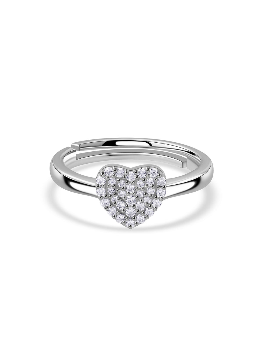 American Diamond Heart Cluster Adjustable Silver Ring