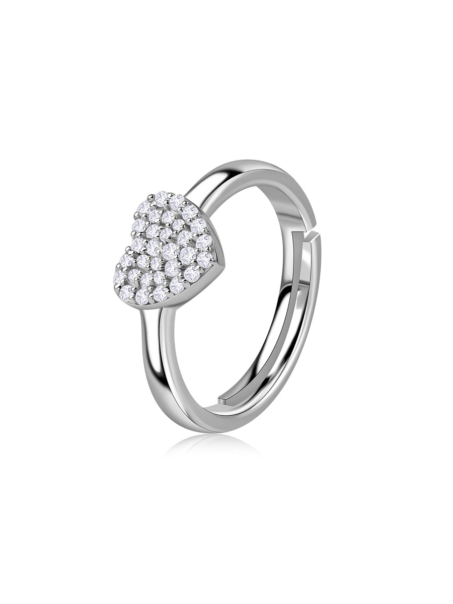 American Diamond Heart Cluster Adjustable Silver Ring