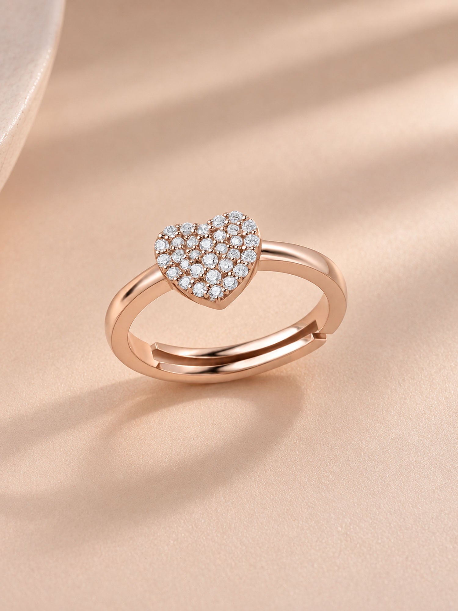 American Diamond Heart Cluster Rose Gold Plated Adjustable Silver Ring