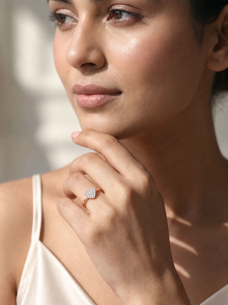 American Diamond Heart Cluster Rose Gold Plated Adjustable Silver Ring