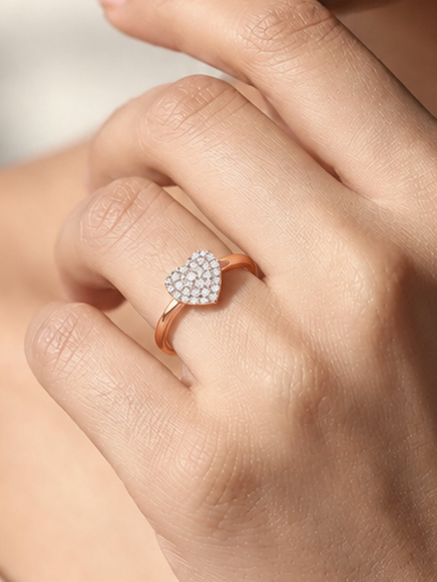 American Diamond Heart Cluster Rose Gold Plated Adjustable Silver Ring