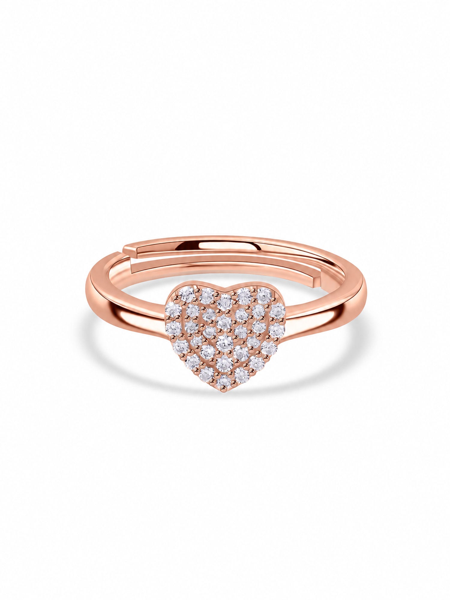 American Diamond Heart Cluster Rose Gold Plated Adjustable Silver Ring