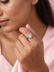Heart Halo American Diamond Silver Adjustable Ring