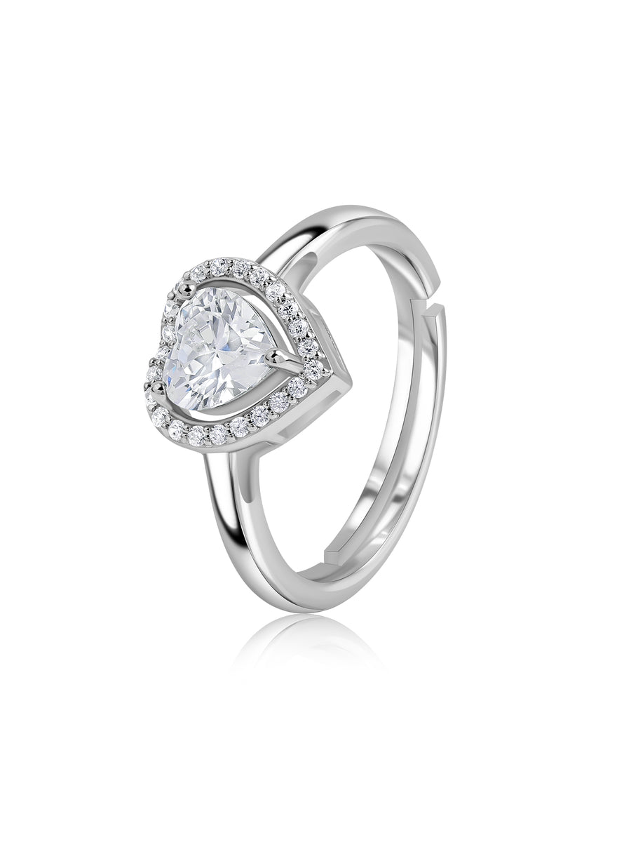 Heart Halo American Diamond Silver Adjustable Ring