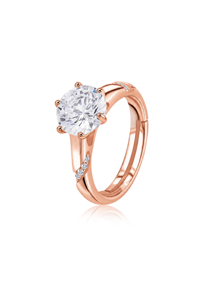 American Diamond Solitaire Rose Gold Plated Adjustable Ring