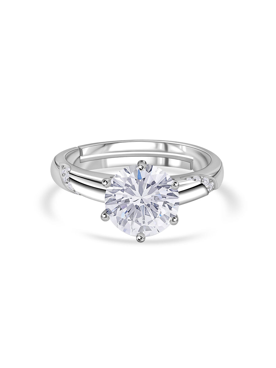 Classic Solitaire American Diamond Silver Adjustable Ring