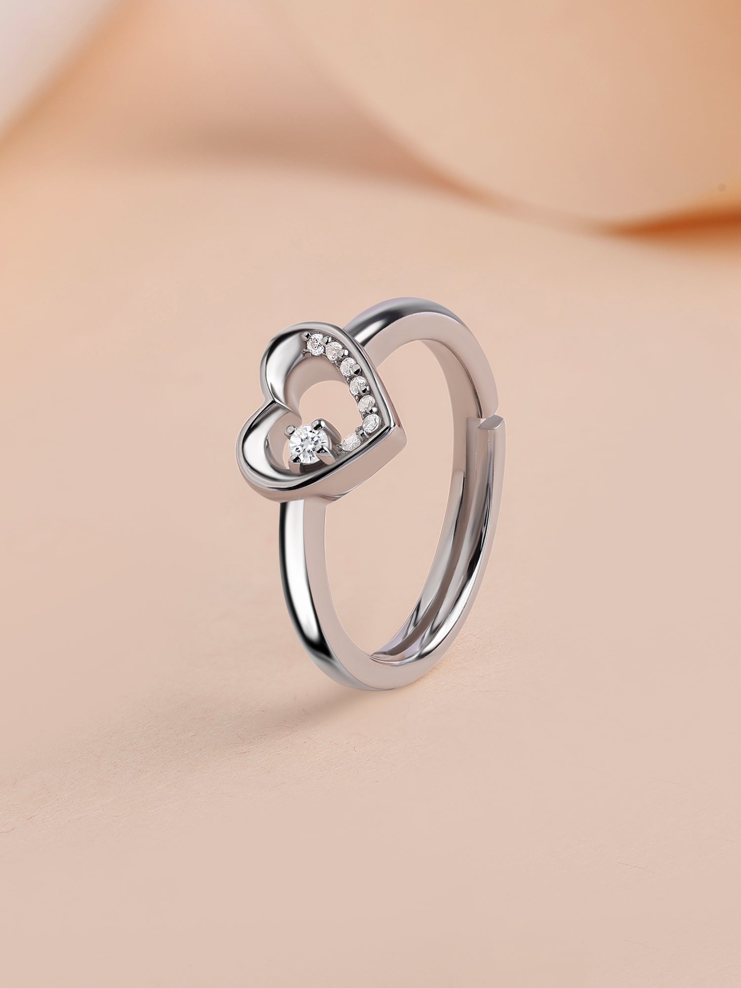 Open Heart American Diamond Silver Adjustable Ring