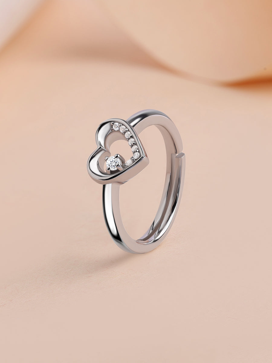 Open Heart American Diamond Silver Adjustable Ring