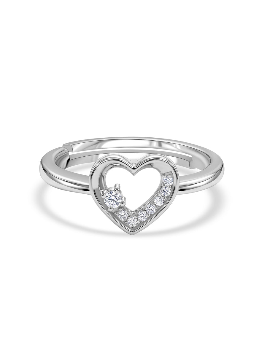 Open Heart American Diamond Silver Adjustable Ring