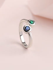Twin Gem Blue Sapphire Emerald Silver Adjustable Ring