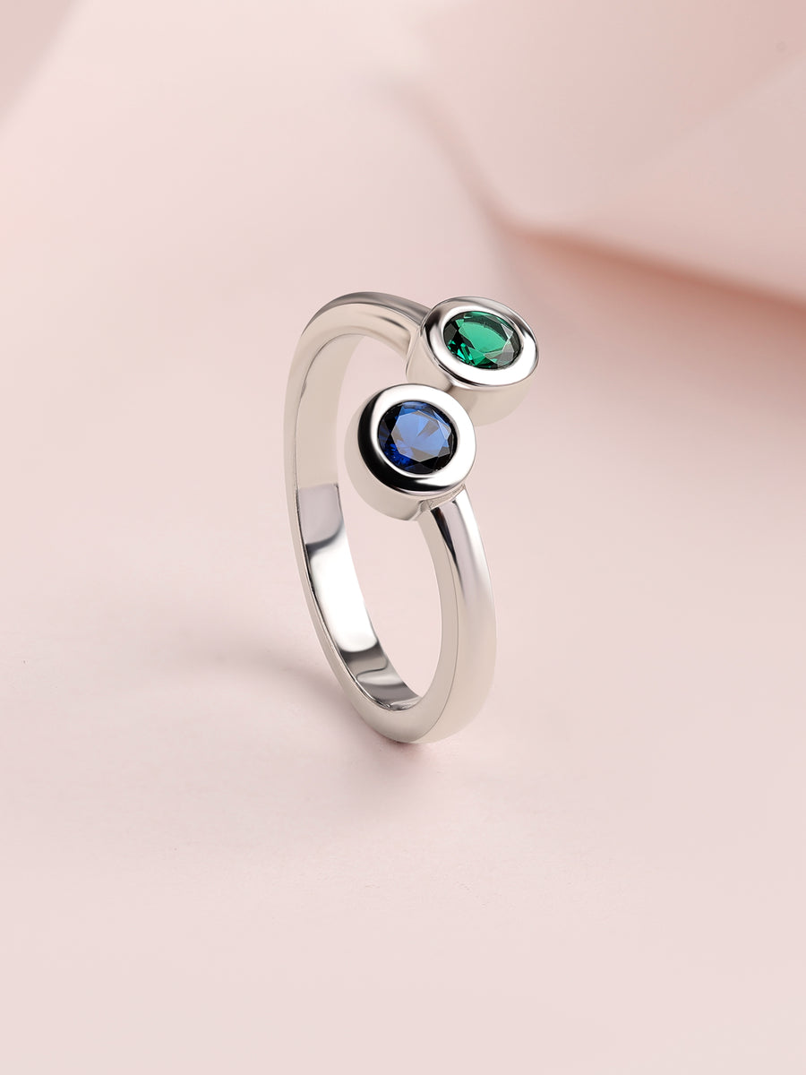 Twin Gem Blue Sapphire Emerald Silver Adjustable Ring