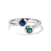 Twin Gem Blue Sapphire Emerald Silver Adjustable Ring
