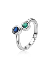 Twin Gem Blue Sapphire Emerald Silver Adjustable Ring