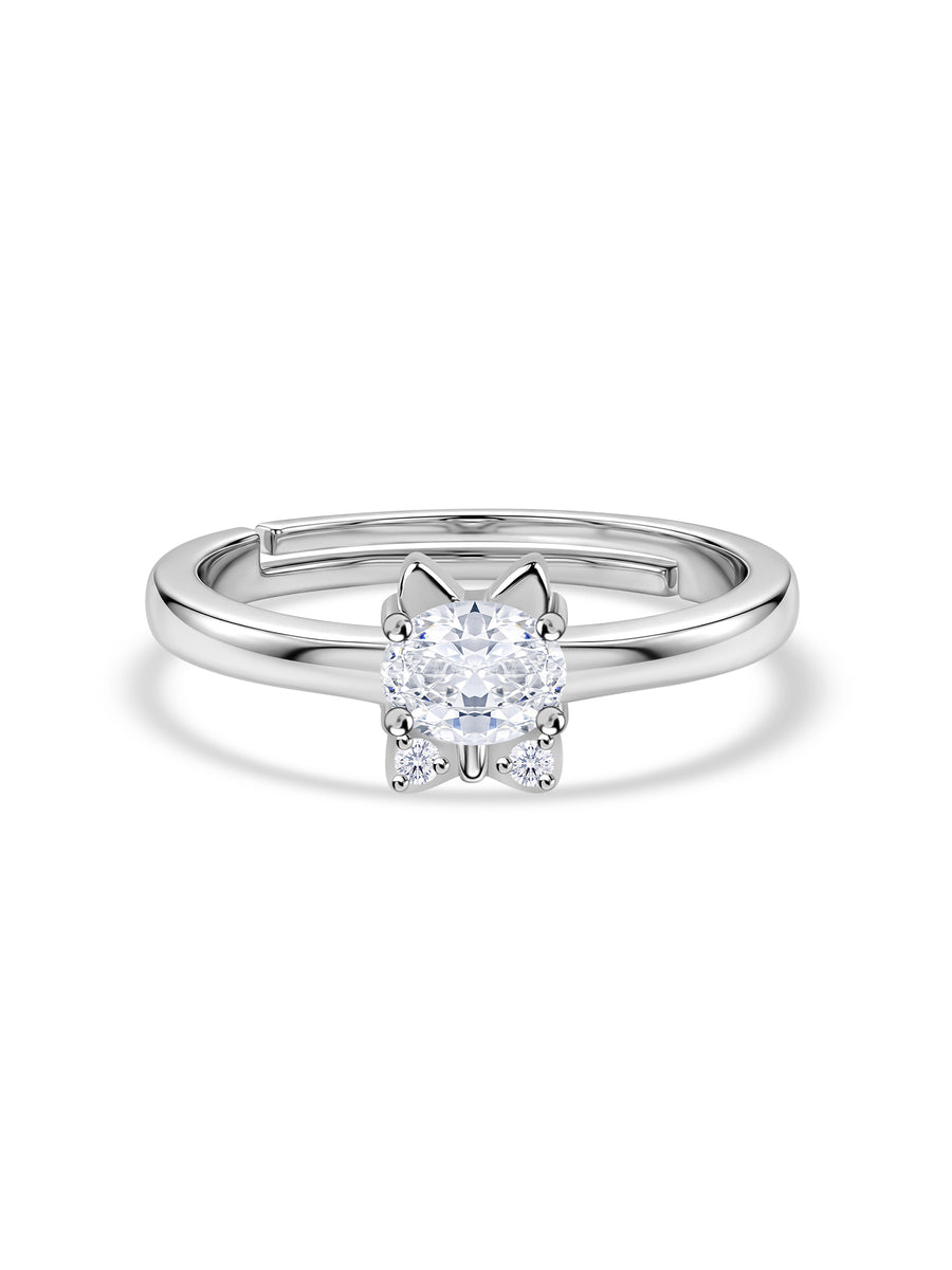 Kitten American Diamond Silver Adjustable Ring for Women