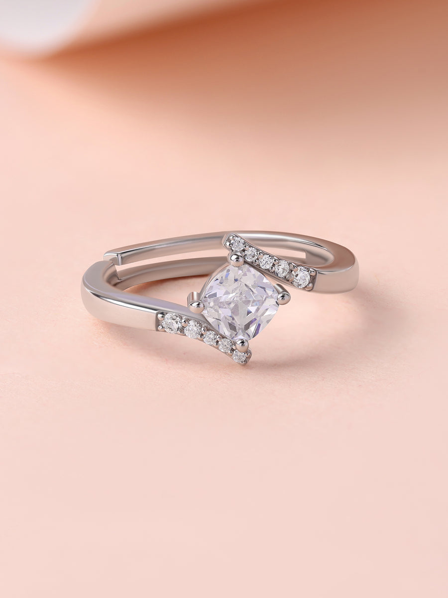 American Diamond Bypass Silver Adjustable Ring for Women