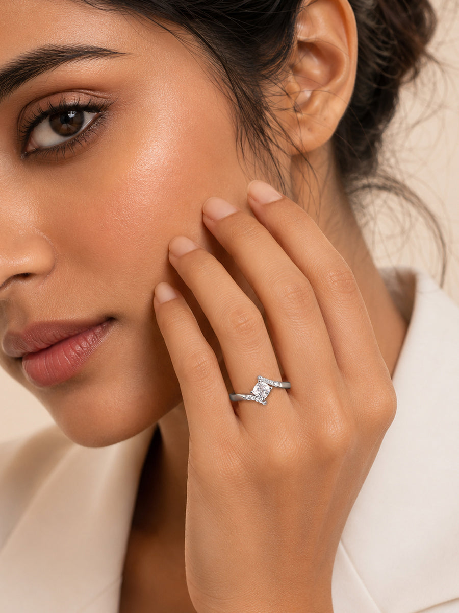 American Diamond Bypass Silver Adjustable Ring for Women