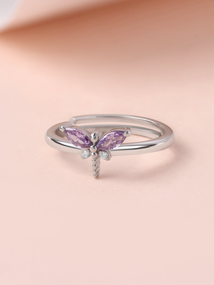 Amethyst CZ Butterfly Silver Adjustable Ring for Women
