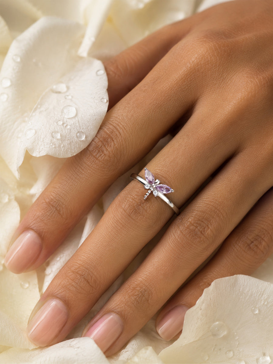 Amethyst CZ Butterfly Silver Adjustable Ring for Women