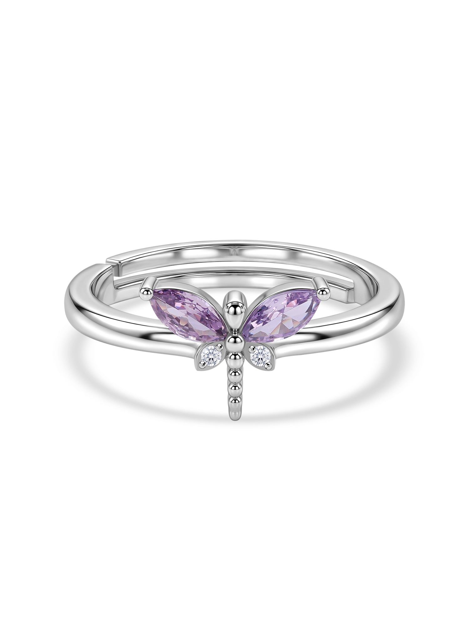 Amethyst CZ Butterfly Silver Adjustable Ring for Women