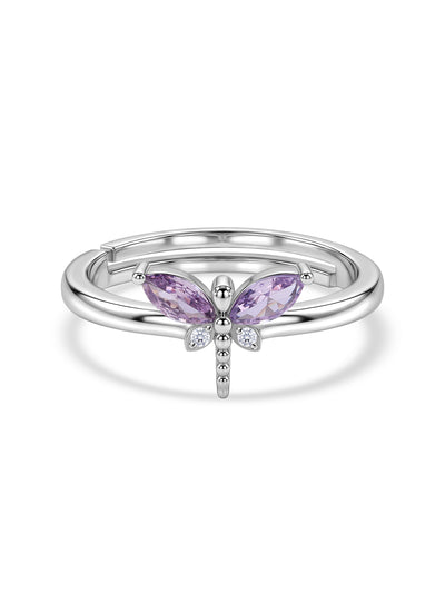 Amethyst CZ Butterfly Silver Adjustable Ring for Women