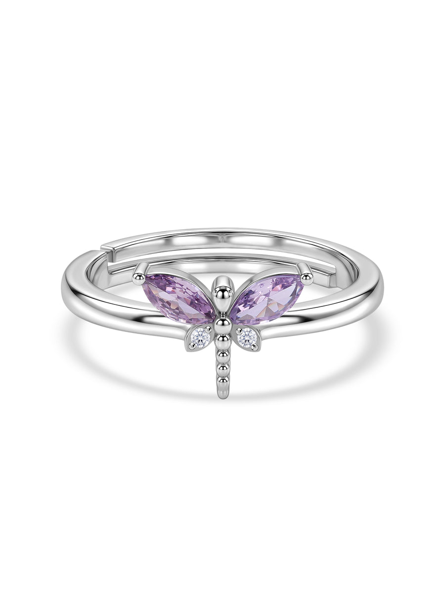 Amethyst CZ Butterfly Silver Adjustable Ring for Women