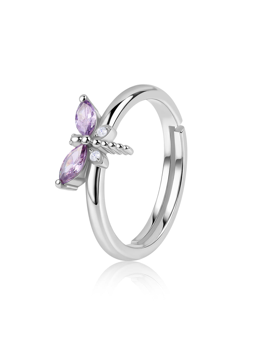 Amethyst CZ Butterfly Silver Adjustable Ring for Women