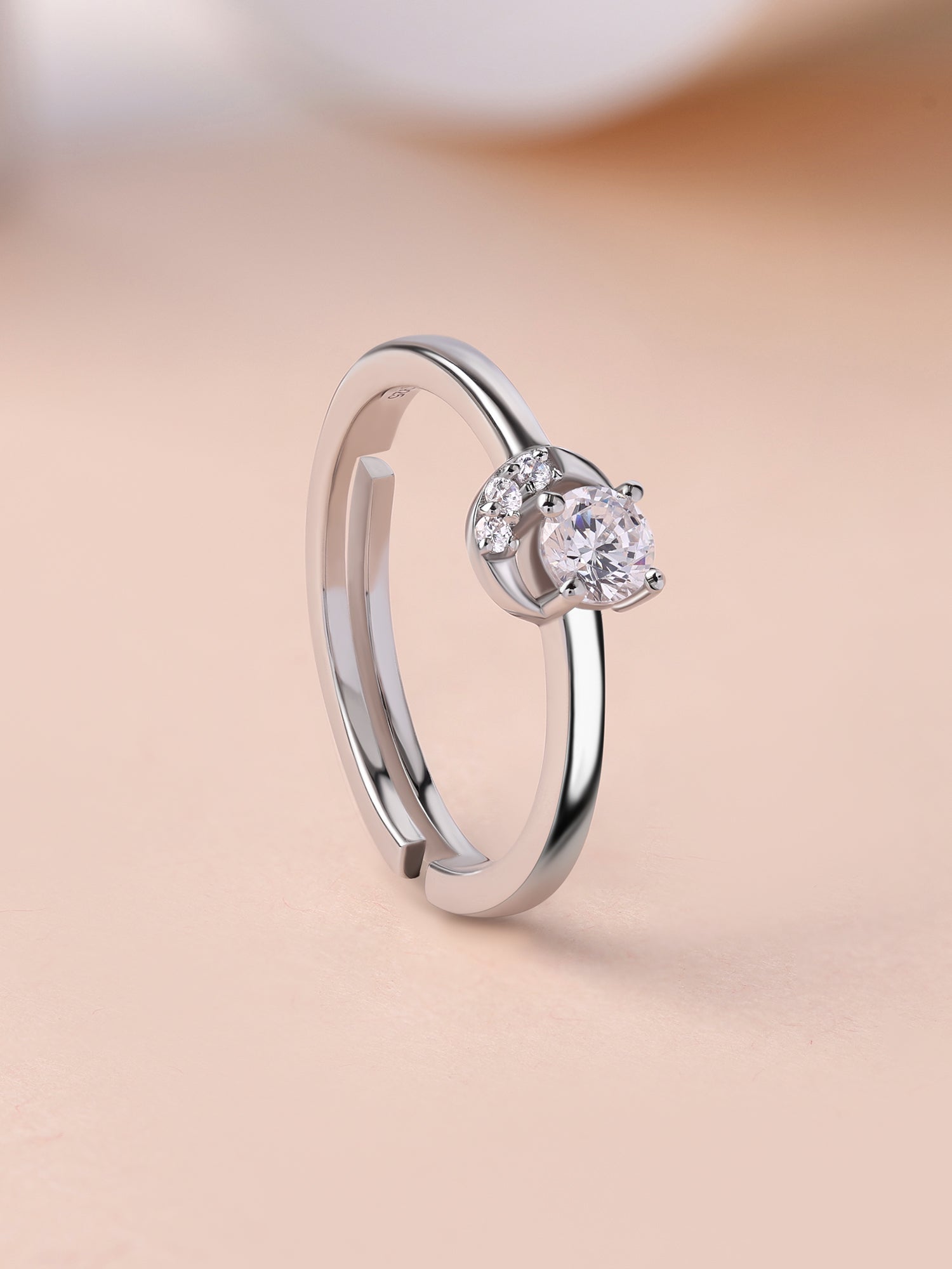 Crescent Moon American Diamond Adjustable Silver Ring for Women