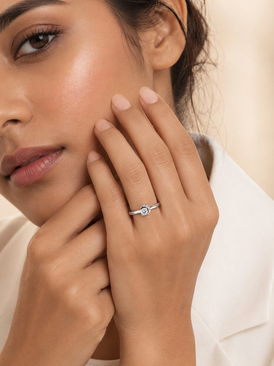 Crescent Moon American Diamond Adjustable Silver Ring for Women
