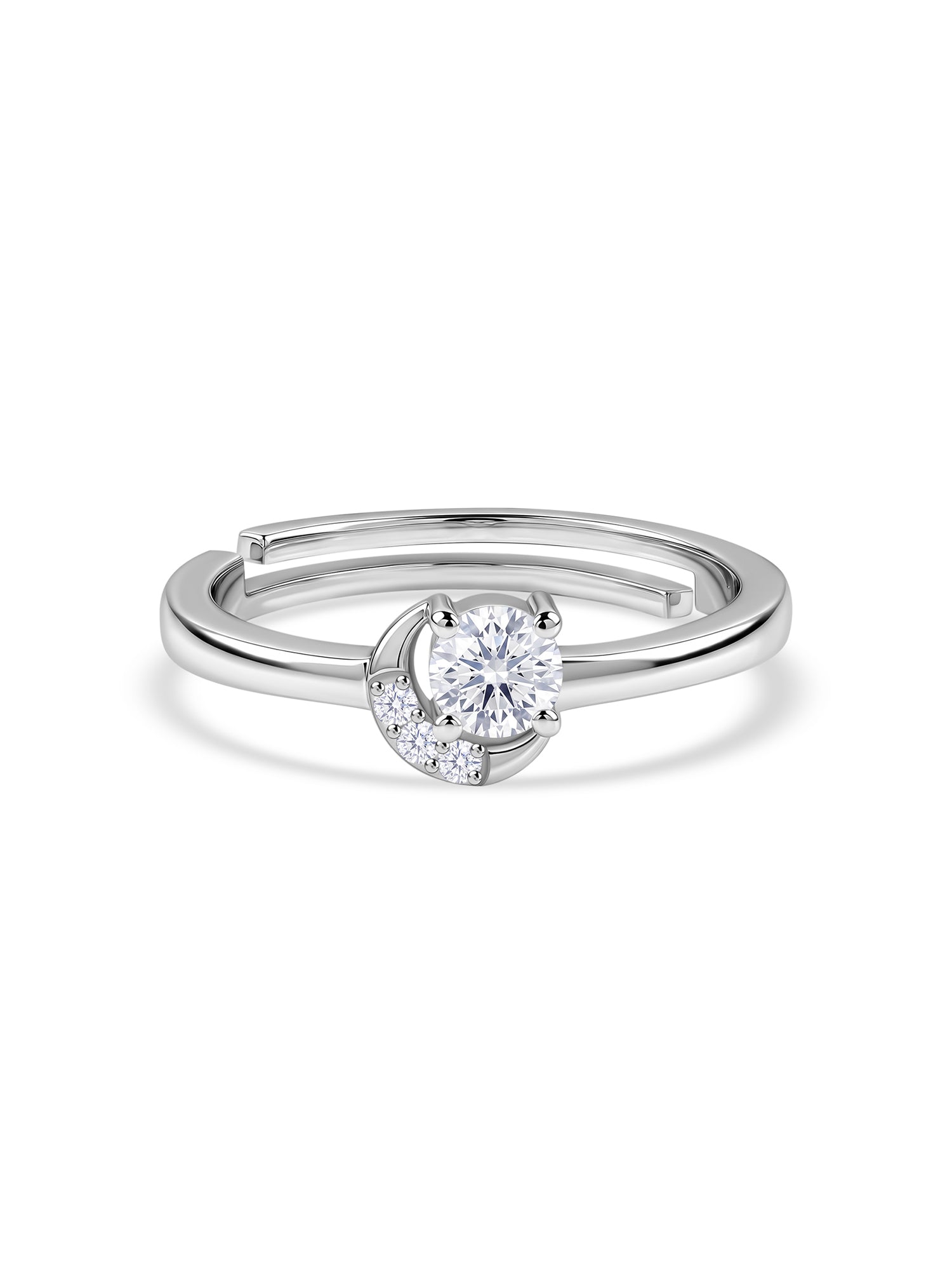 Crescent Moon American Diamond Adjustable Silver Ring for Women