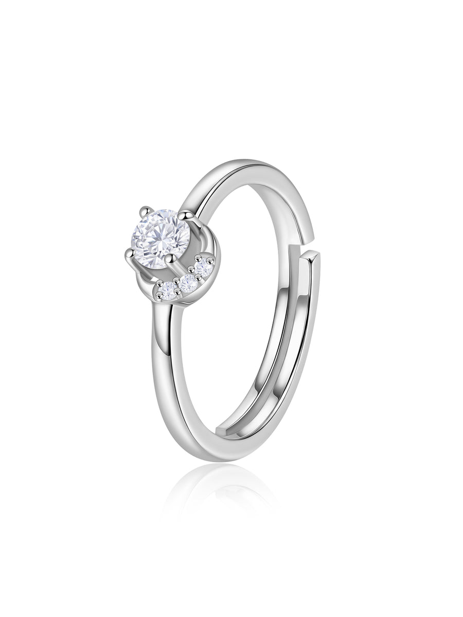 Crescent Moon American Diamond Adjustable Silver Ring for Women