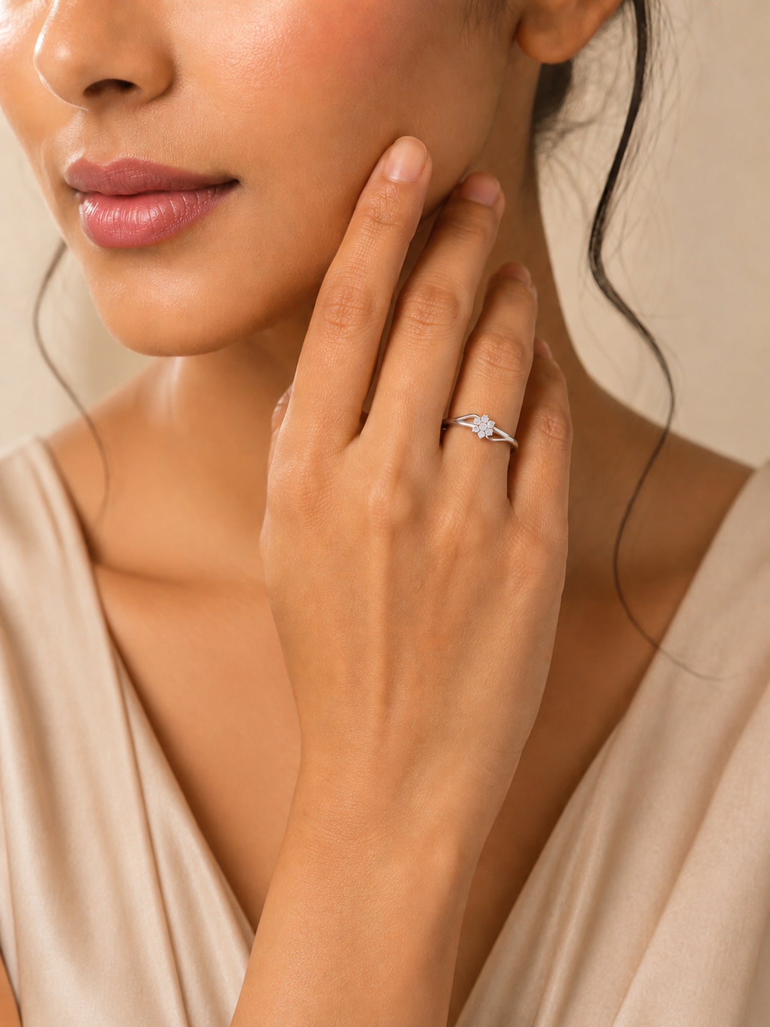 925 Silver American Diamond Flower Adjustable Ring for Women