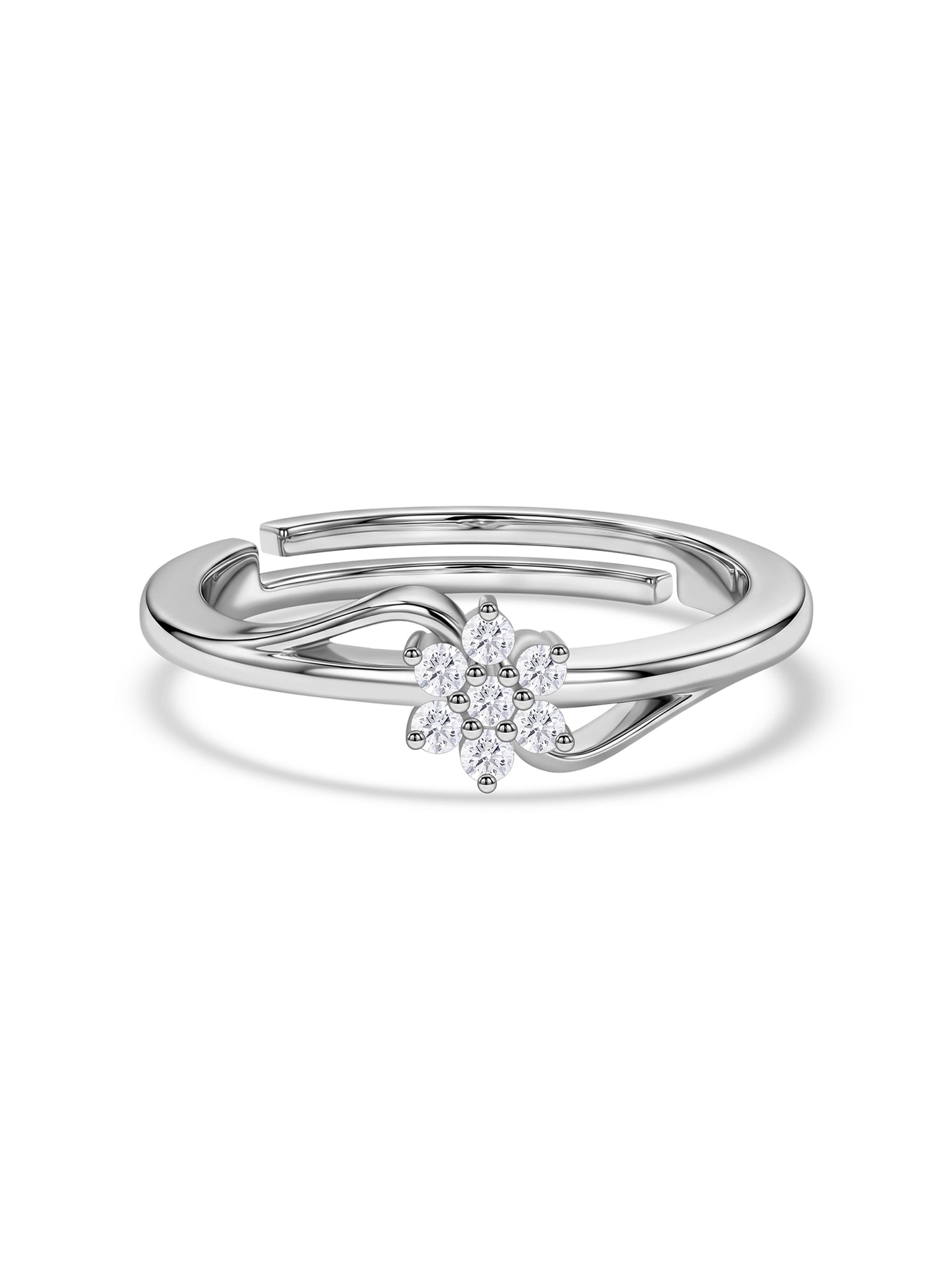 925 Silver American Diamond Flower Adjustable Ring for Women