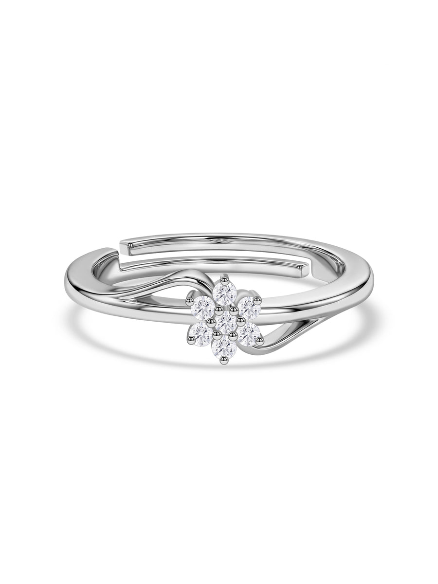 925 Silver American Diamond Flower Adjustable Ring for Women