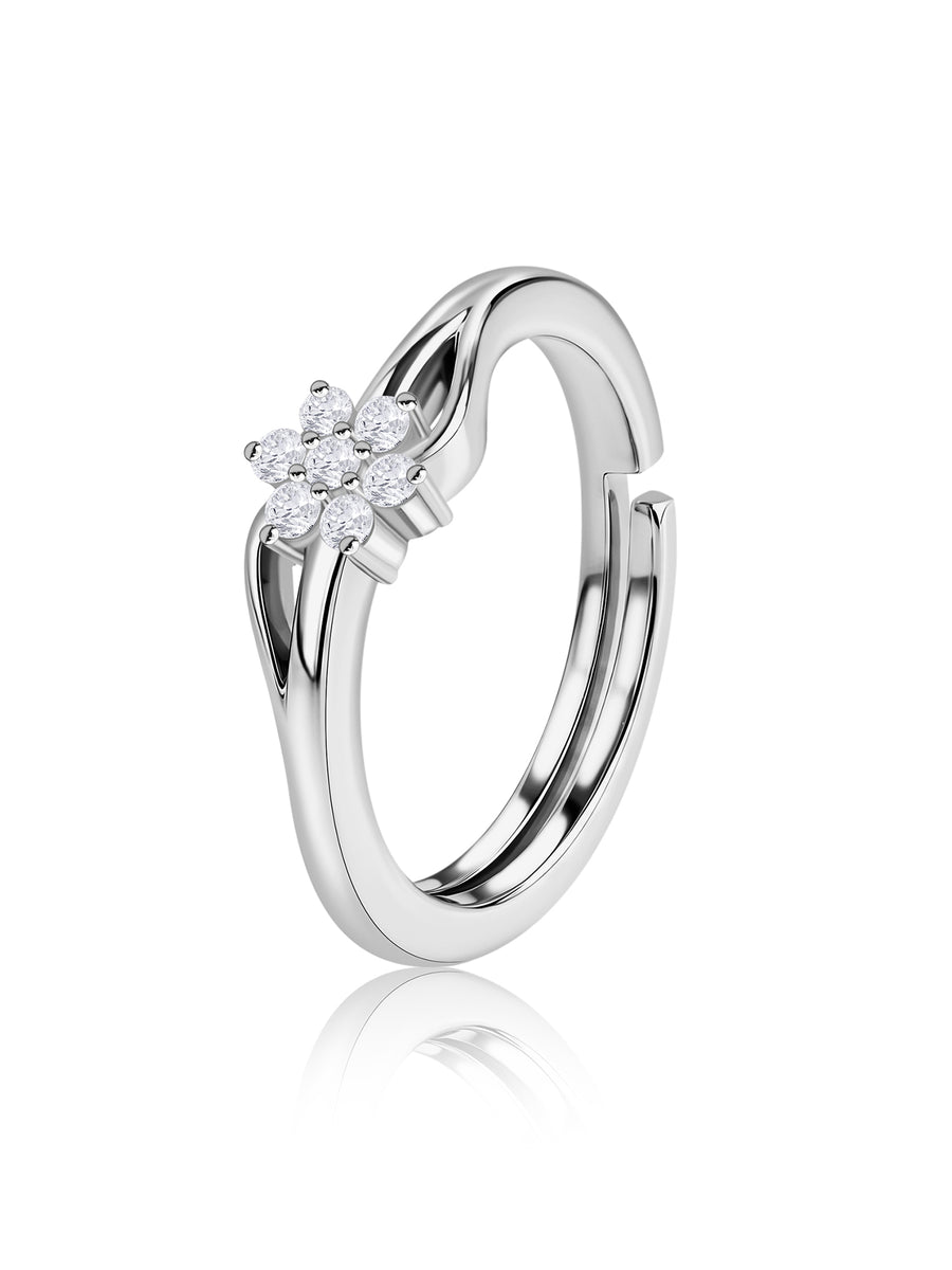 925 Silver American Diamond Flower Adjustable Ring for Women