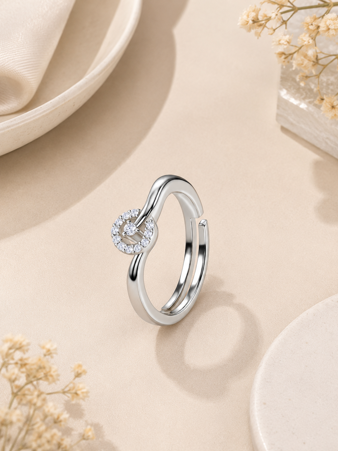 925 Silver American Diamond Swirl Adjustable Ring for Women