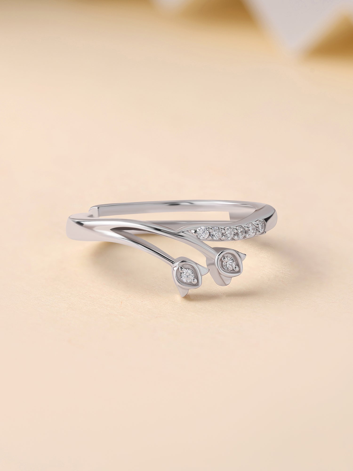 925 Silver American Diamond Tulip Adjustable Ring for Women
